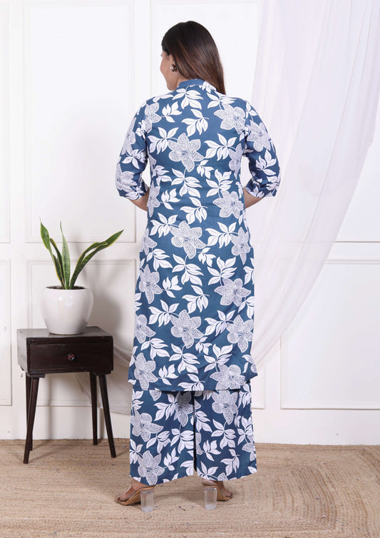 Navy Blue & White Floral Cotton Co-ord Set
