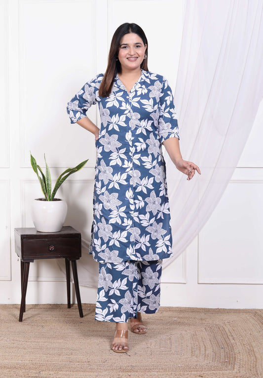 Navy Blue & White Floral Cotton Co-ord Set