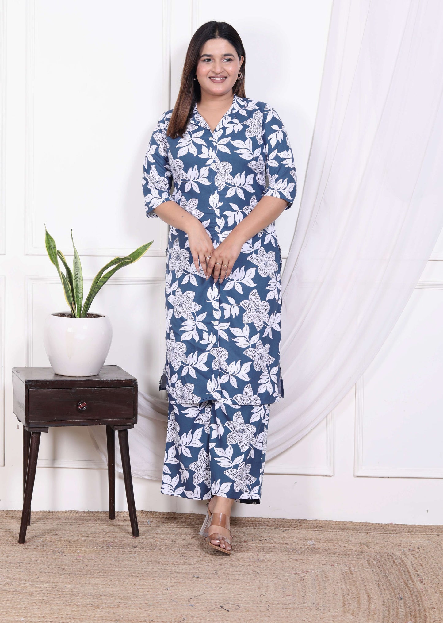 Navy Blue & White Floral Cotton Co-ord Set