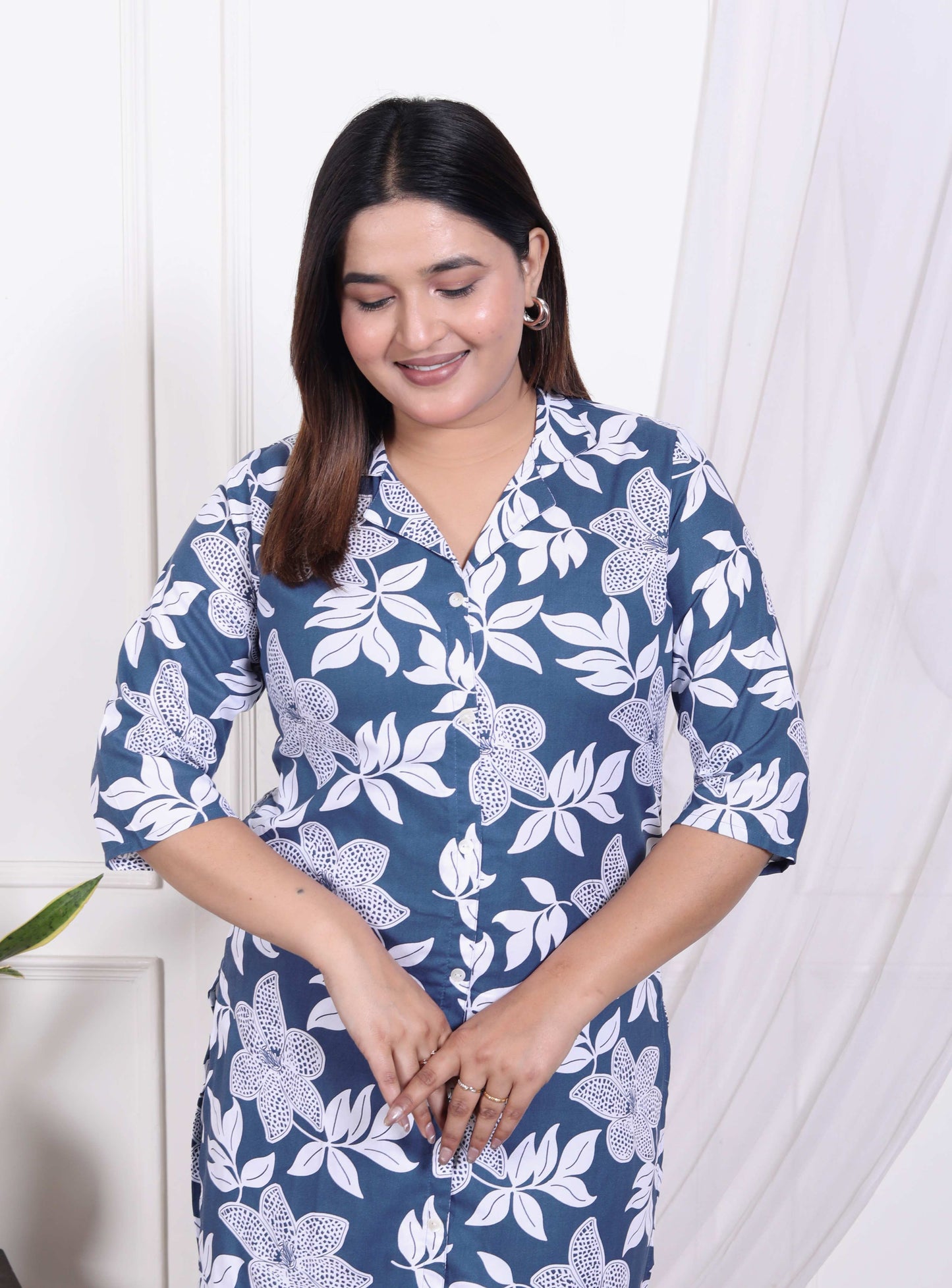 Navy Blue & White Floral Cotton Co-ord Set