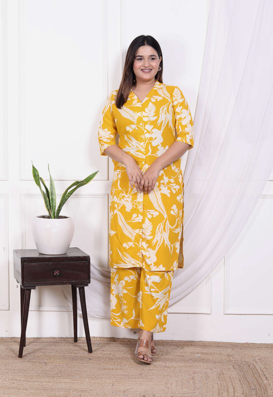Yellow Floral Printed Cotton Co-ord Set