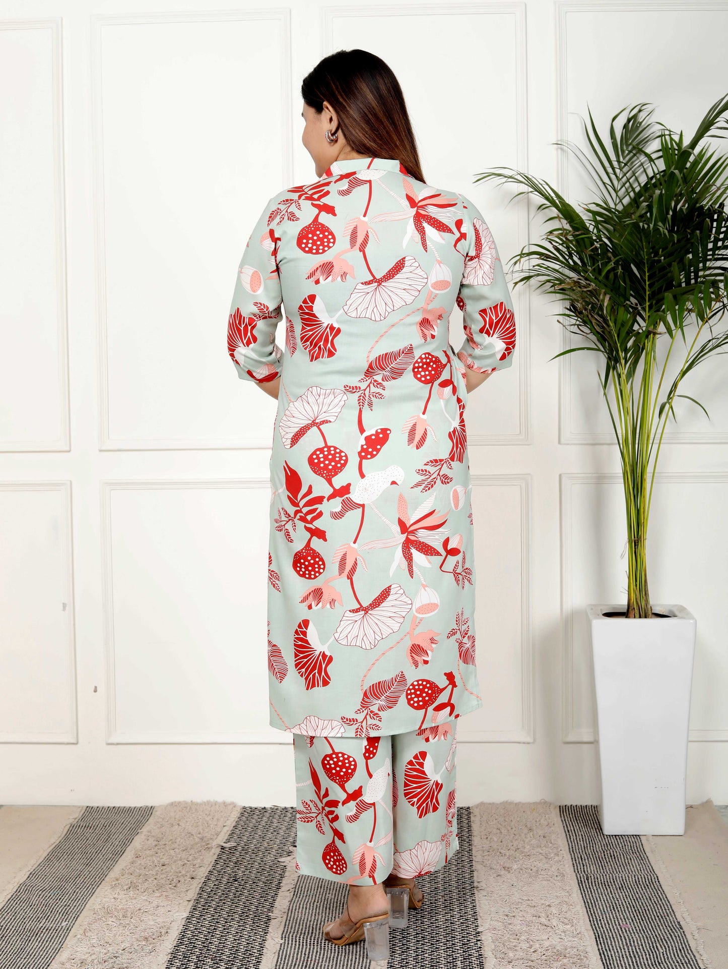 Mint Green & Red Botanical Printed Cotton Co-ord Set
