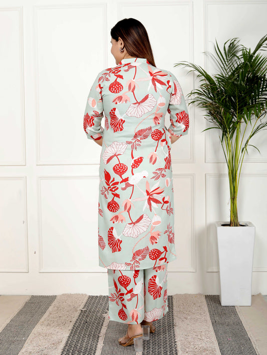 Mint Green & Red Botanical Printed Cotton Co-ord Set