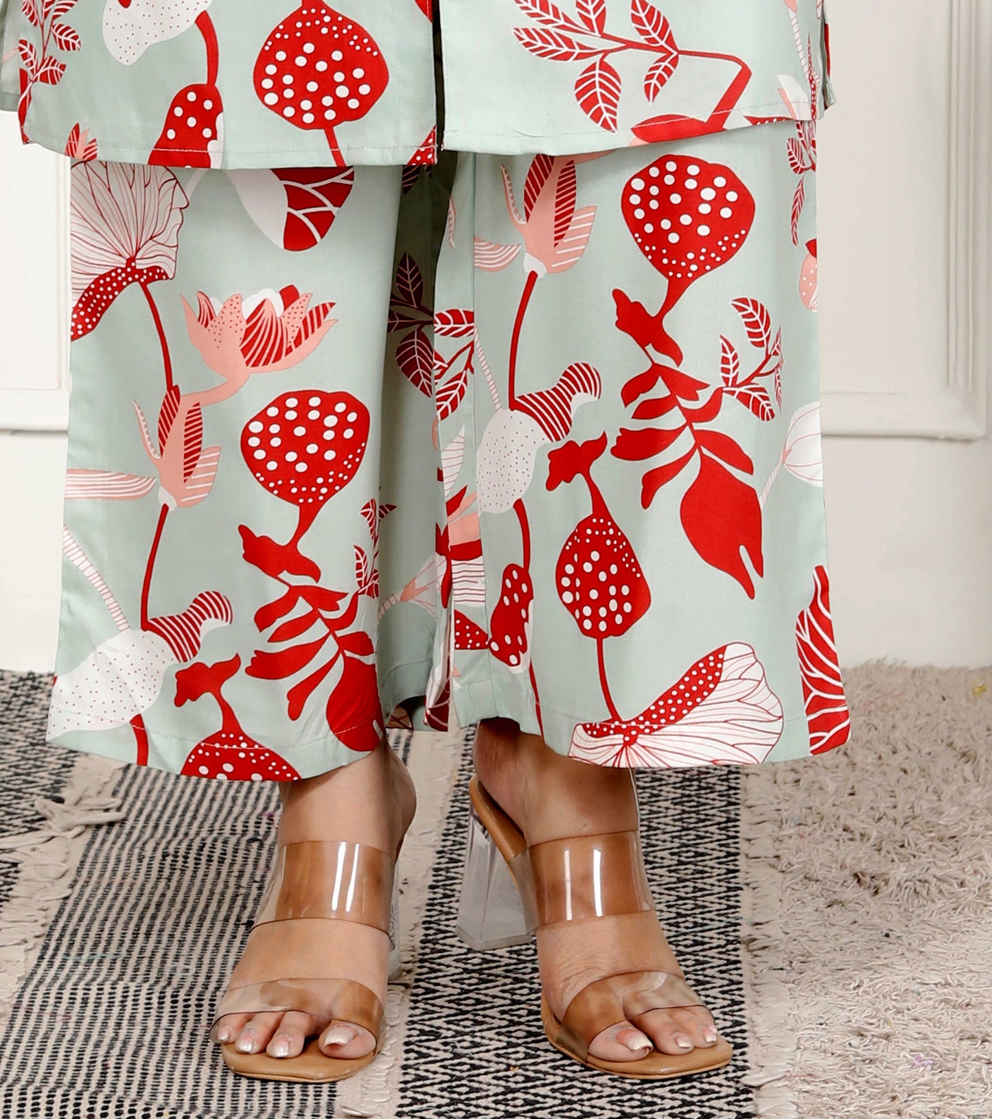 Mint Green & Red Botanical Printed Cotton Co-ord Set