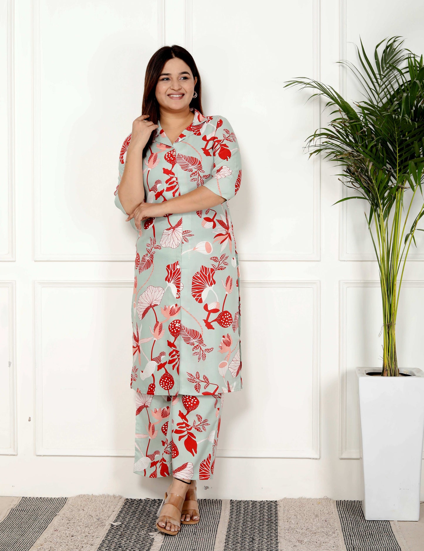 Mint Green & Red Botanical Printed Cotton Co-ord Set