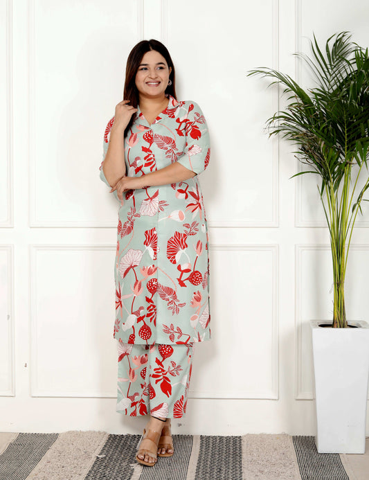Mint Green & Red Botanical Printed Cotton Co-ord Set