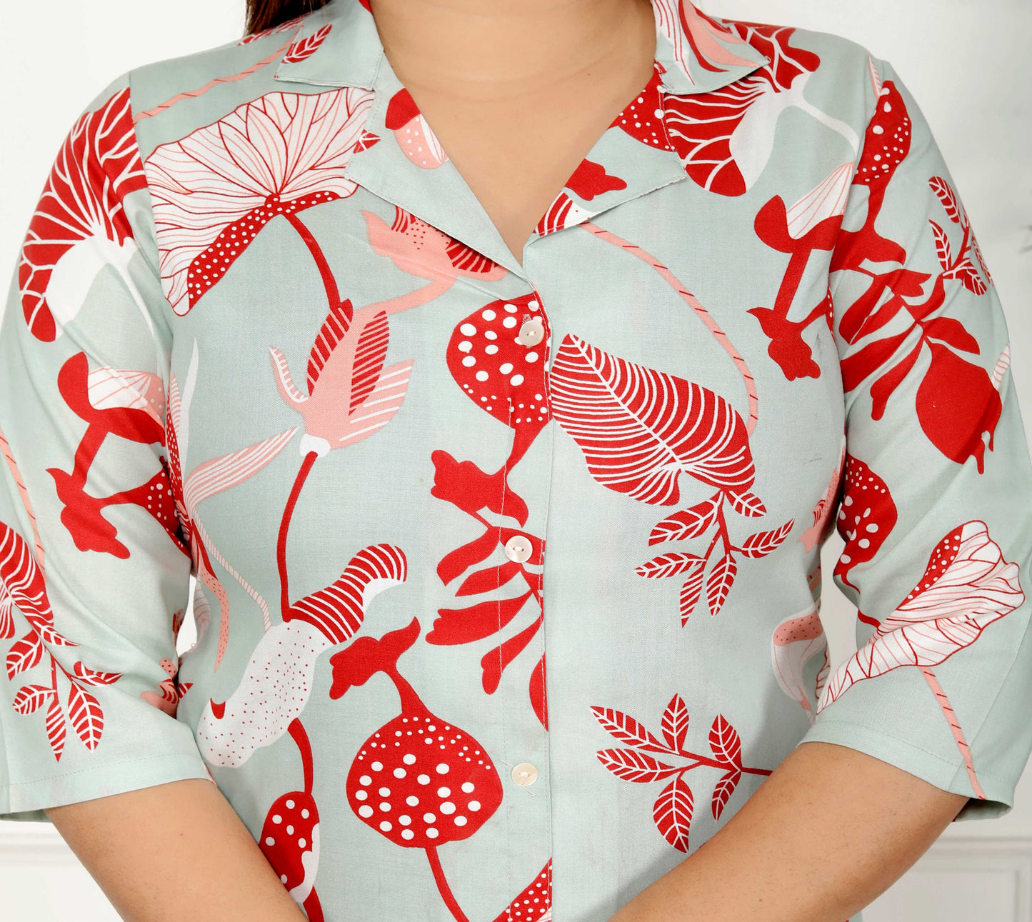 Mint Green & Red Botanical Printed Cotton Co-ord Set