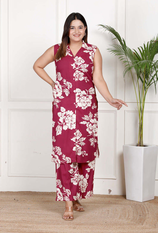 Maroon & Ivory Floral Printed Cotton Co-ord Set