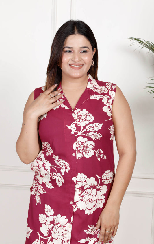Maroon & Ivory Floral Printed Cotton Co-ord Set
