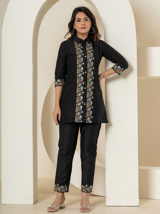 Black Embroidered Silk Co-ord Set for Women