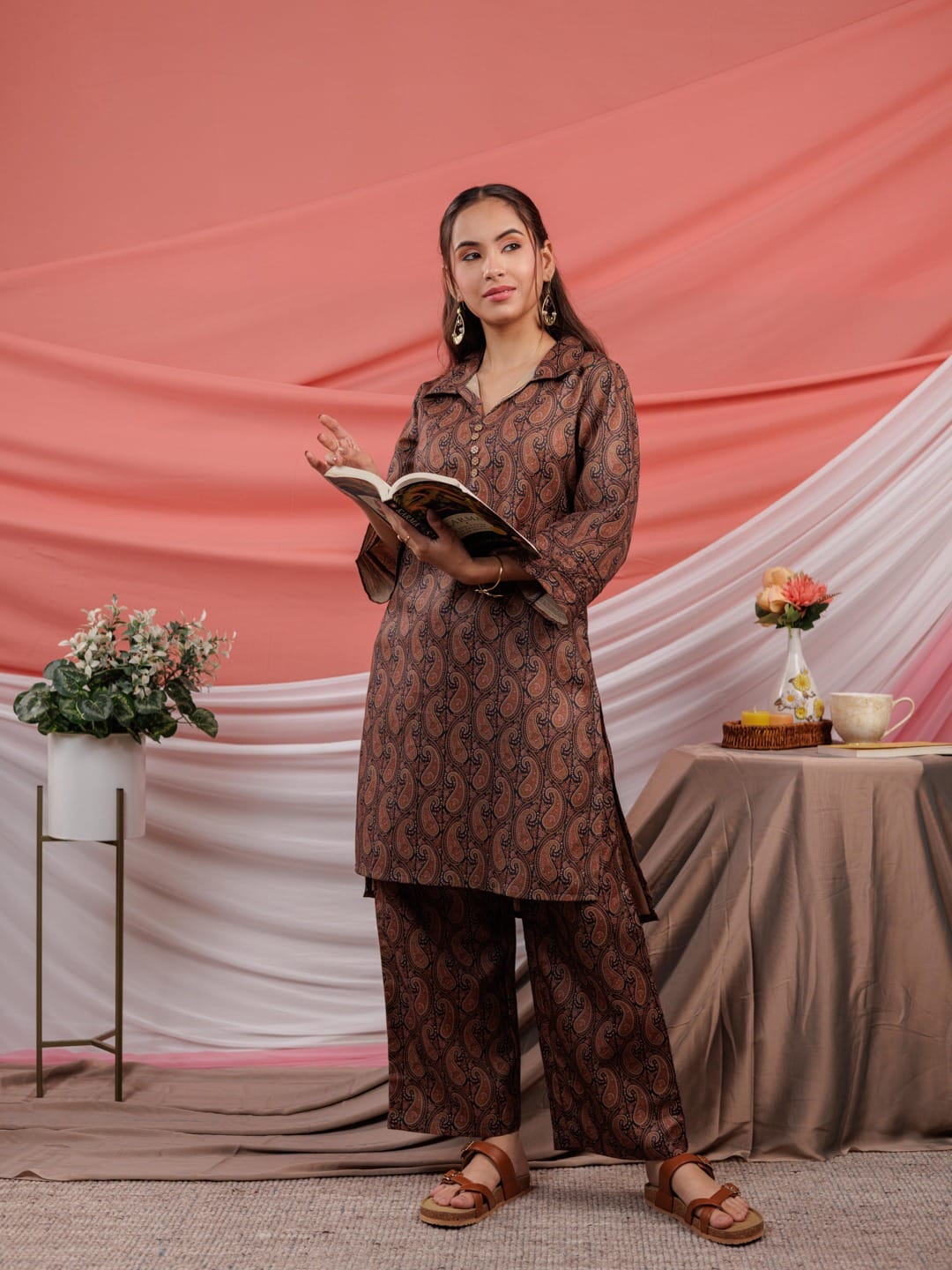 Brown Paisley Printed Khadi Cotton Co-ord Set