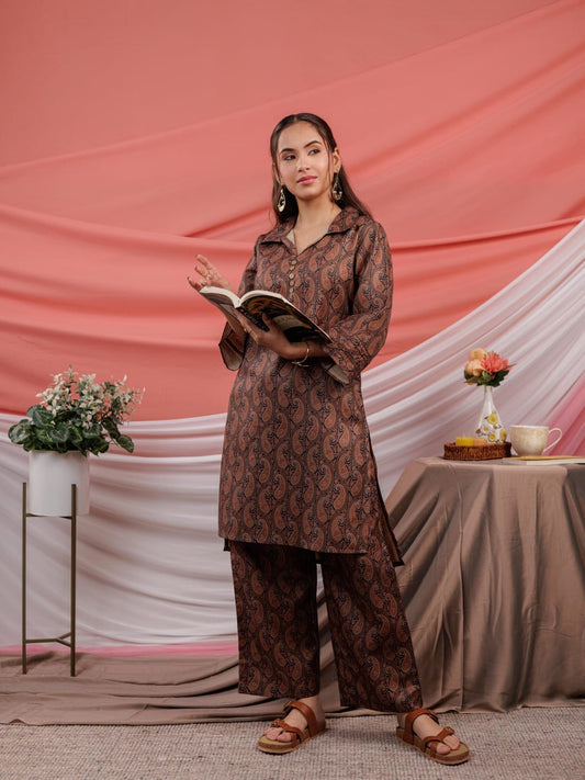 Brown Paisley Printed Khadi Cotton Co-ord Set