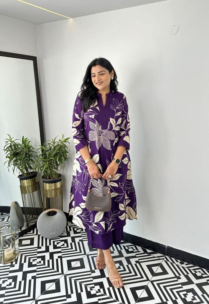 Purple Bloom Cotton Kurta Pant Set with Bold Floral Print