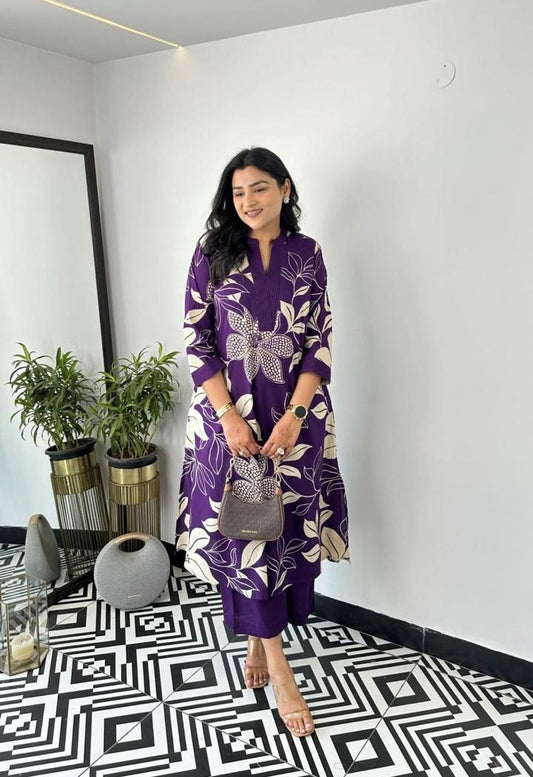 Purple Bloom Cotton Kurta Pant Set with Bold Floral Print