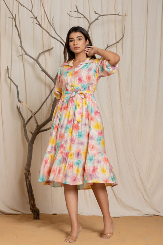 Pastel Floral Muslin Fit & Flare Midi Dress with Pocket