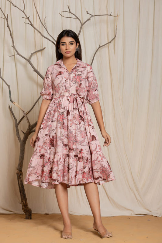 Floral Rayon Fit & Flare Shirt Dress with Pocket