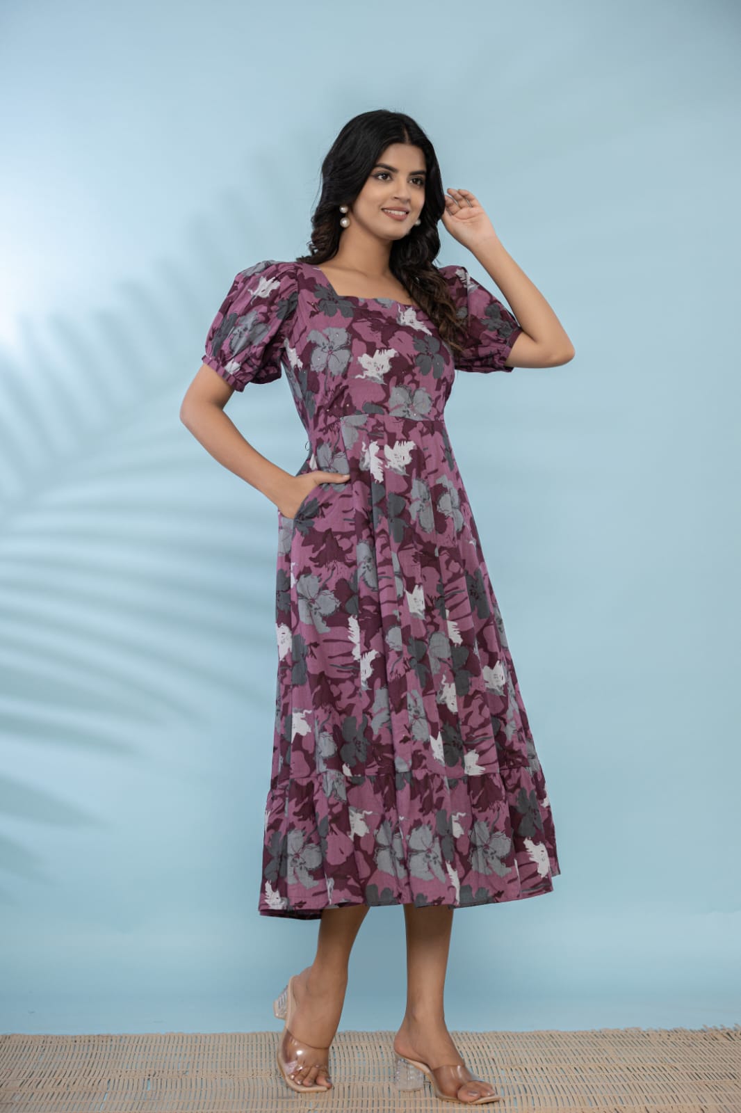 Purple Floral Flare Cotton Dress