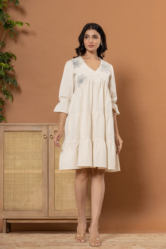 Handloom Cotton Tiered Dress with Embroidered Neckline