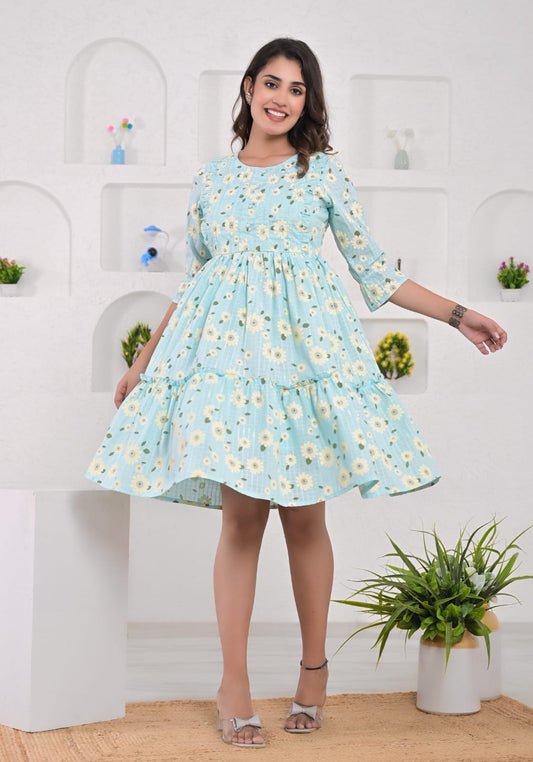 Sky Blue Floral Cotton Fit & Flare Dress