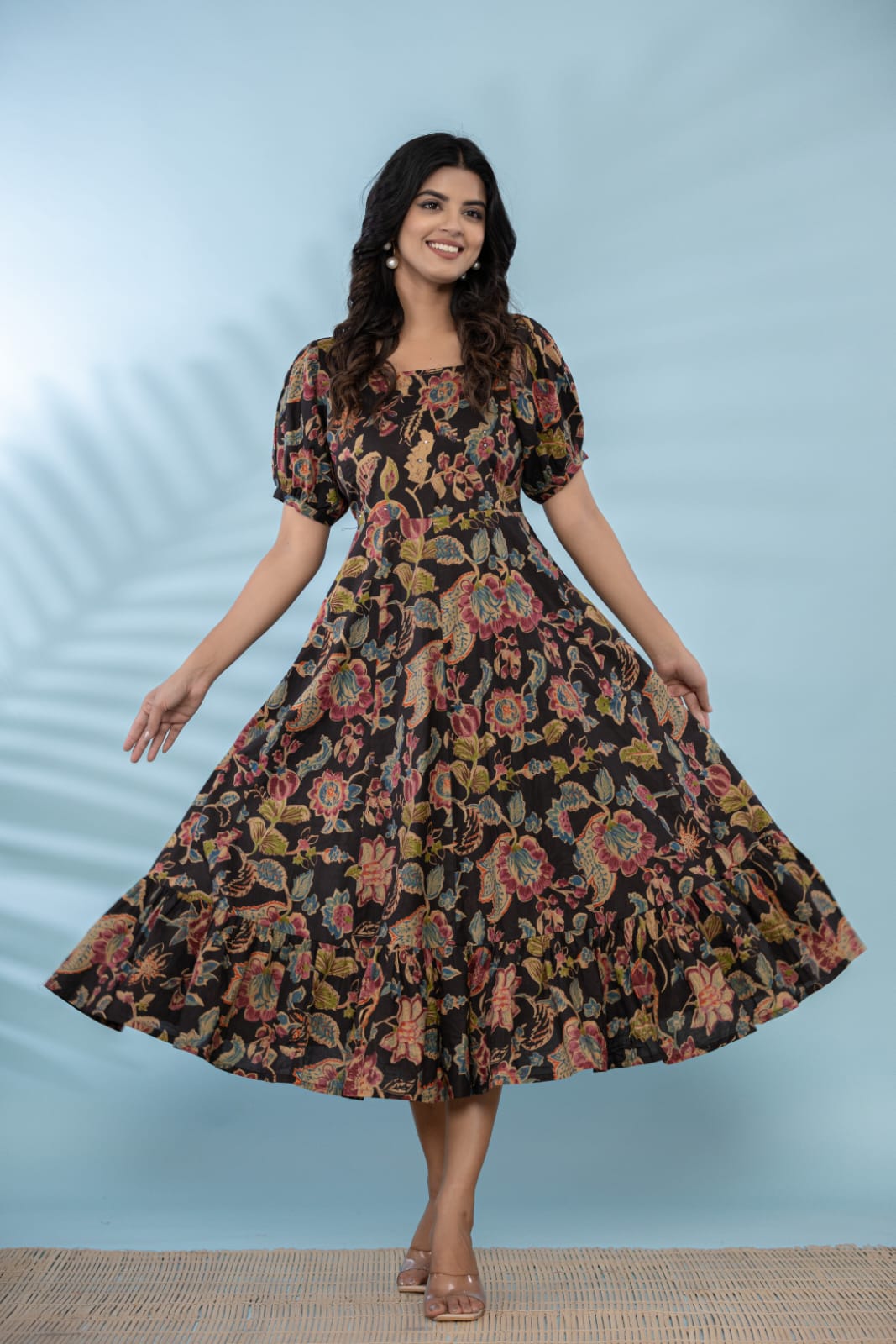 Black Floral Flare Cotton Dress