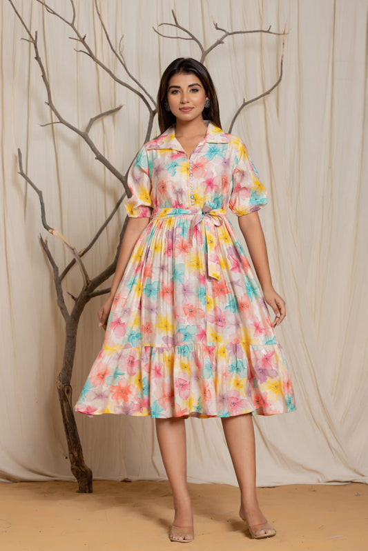 Pastel Floral Muslin Fit & Flare Midi Dress with Pocket