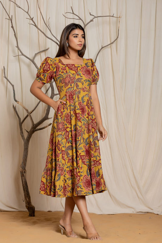 Mustard Yellow Floral Flare Cotton Dress