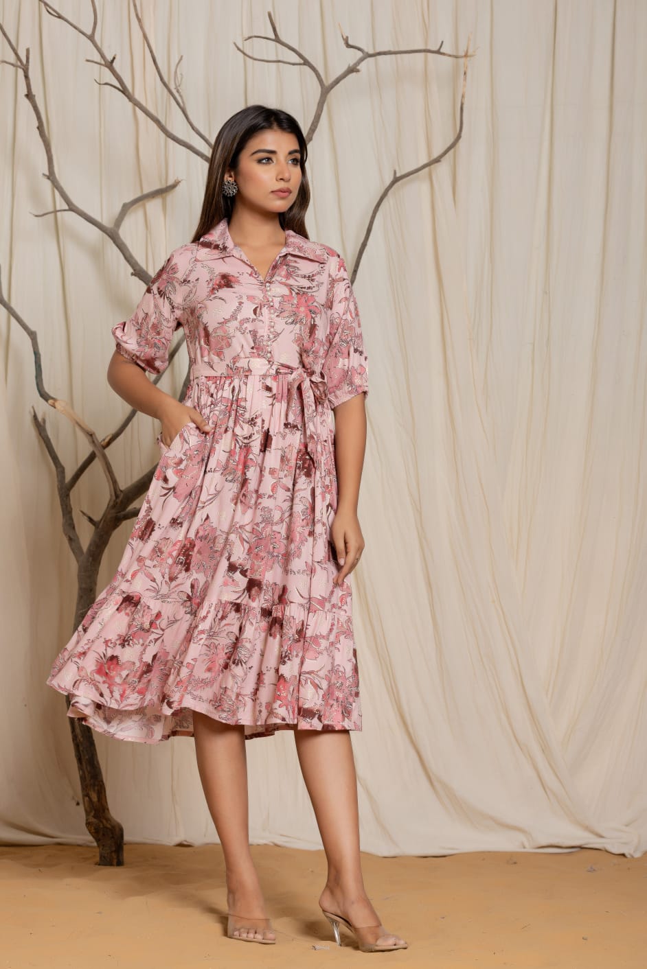 Floral Rayon Fit & Flare Shirt Dress with Pocket