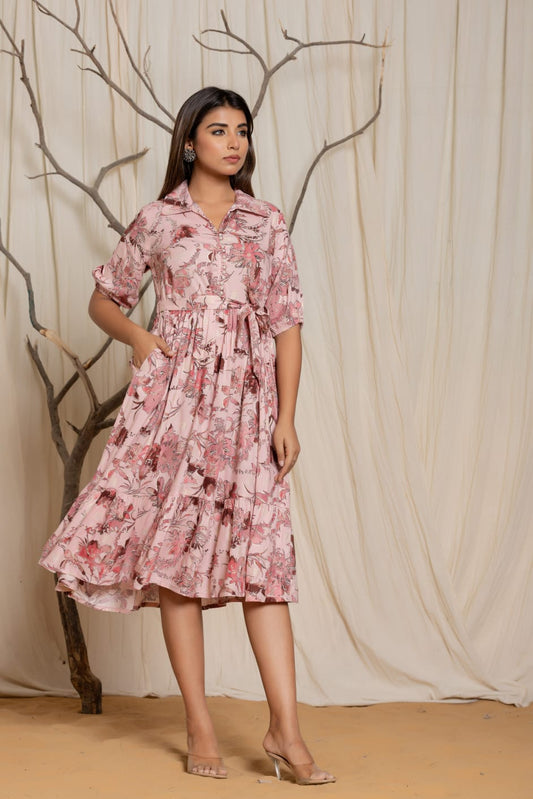 Floral Rayon Fit & Flare Shirt Dress with Pocket