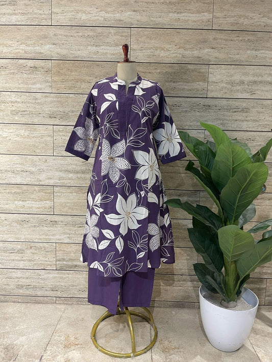 Purple Bloom Cotton Kurta Pant Set with Bold Floral Print