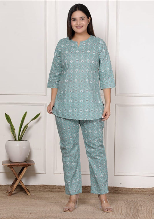 Teal Blue Printed Cotton Co-Ord Set