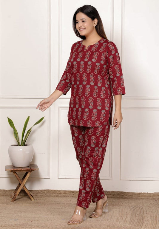 Marron Floral Print Cotton Co-Ord Set