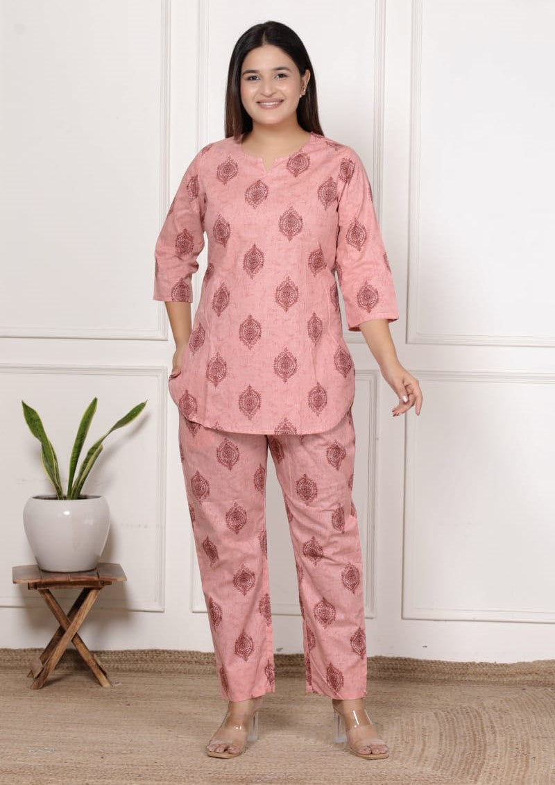 Blush Pink Leaf Print Cotton Co-Ord Set
