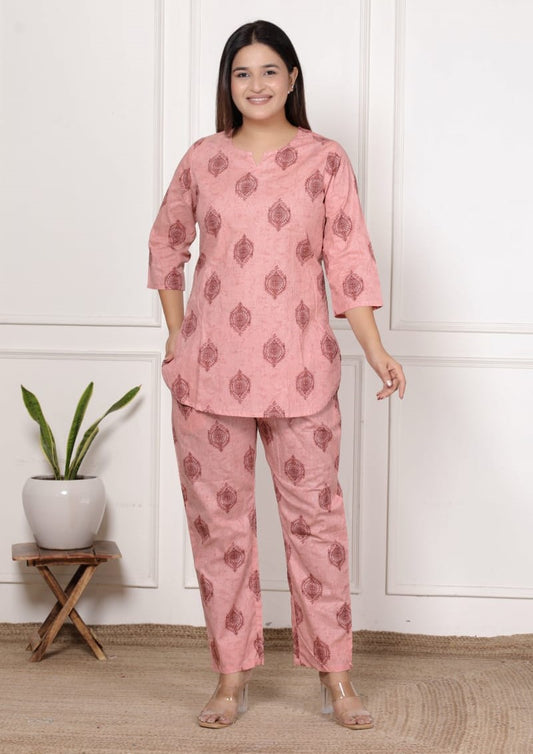Blush Pink Leaf Print Cotton Co-Ord Set