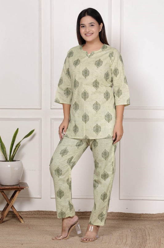 Pista Green Leaf Printed Cotton Co-Ord Set