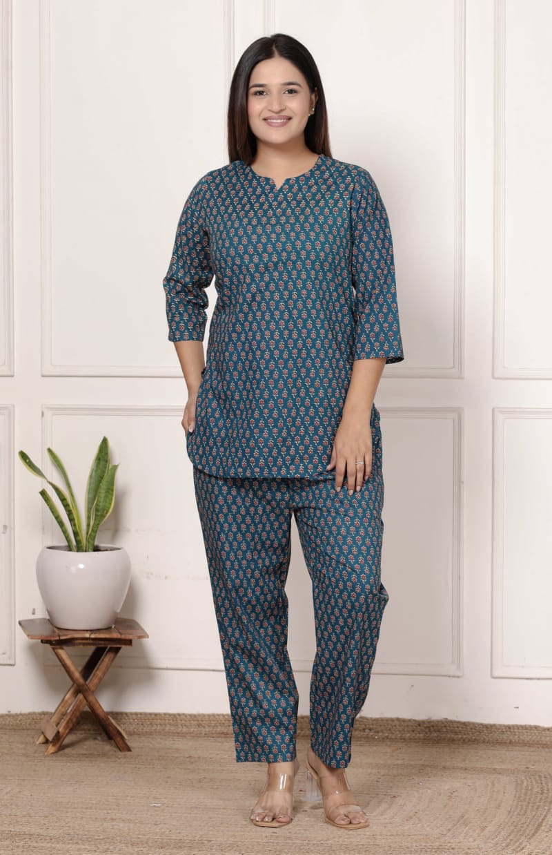 Blue Buti Printed Cotton Co-Ord Set