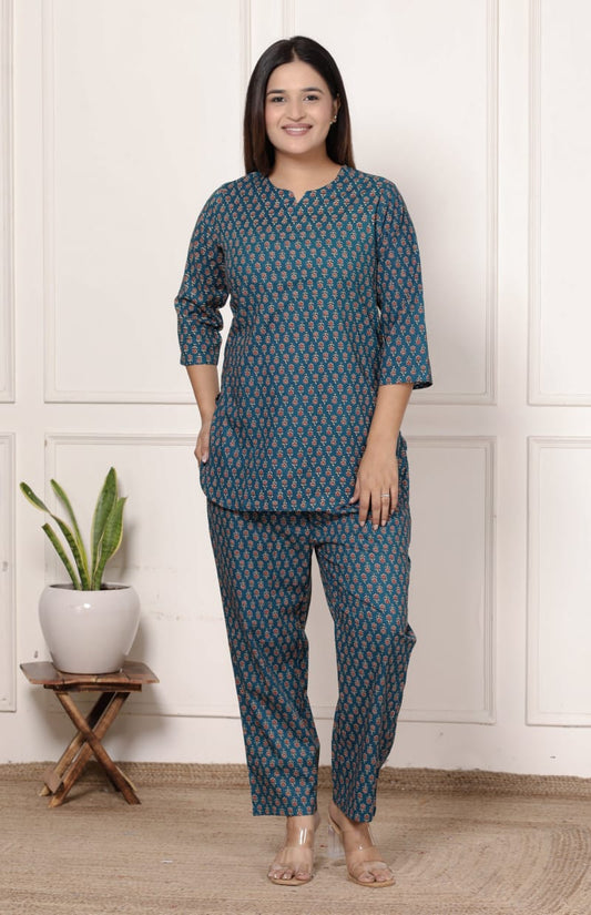 Blue Buti Printed Cotton Co-Ord Set