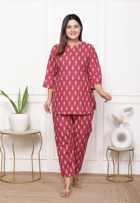 Red Ethnic Print Cotton Co-Ord Set