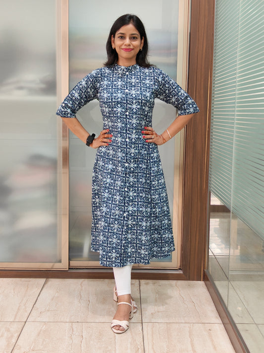 Navy Blue Cotton Printed A Line Kurti