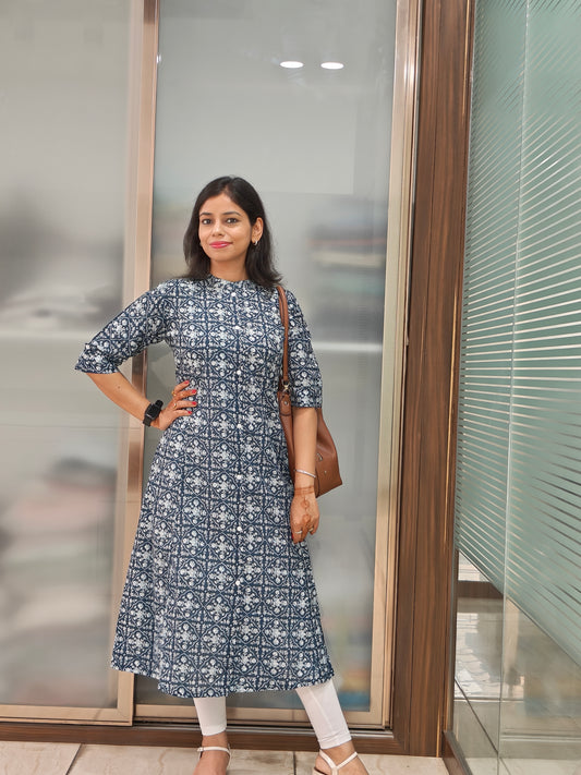 Navy Blue Cotton Printed A Line Kurti