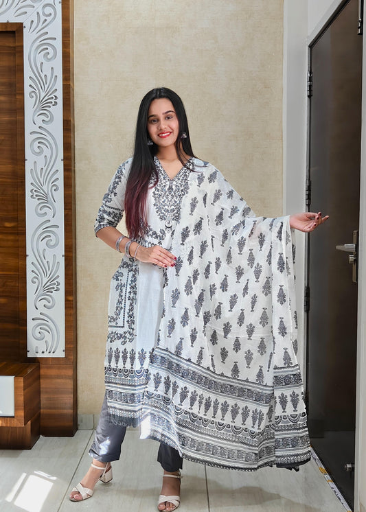 Elegant Charcoal Grey Handblock Printed Cotton Suit Set
