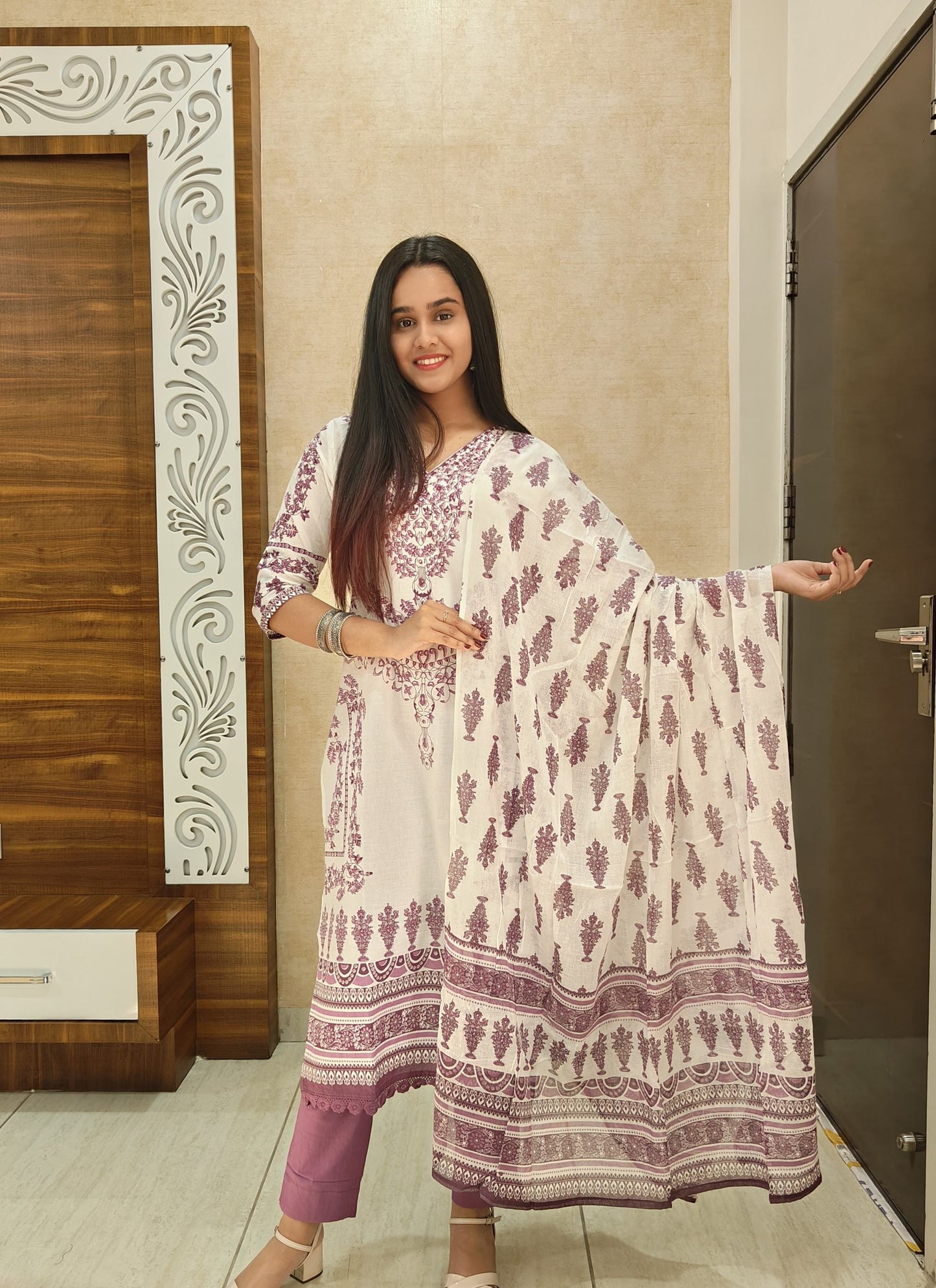 Elegant Mauve Handblock Printed Cotton Suit Set