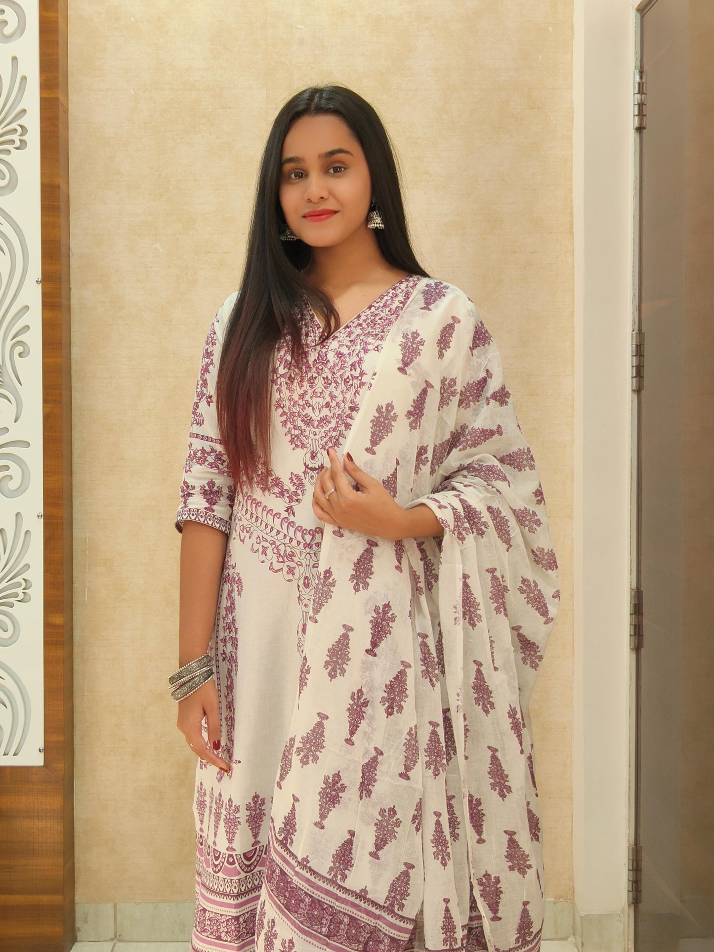 Elegant Mauve Handblock Printed Cotton Suit Set