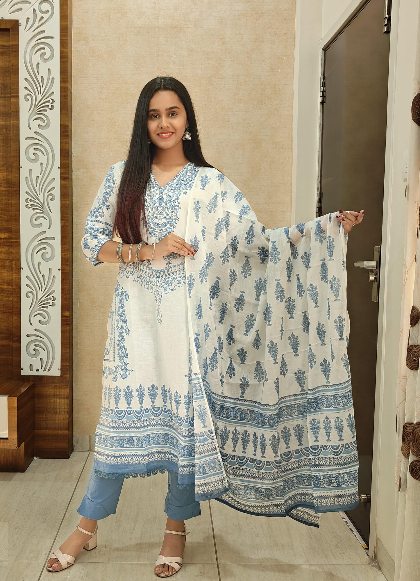 Elegant Blue Handblock Printed Cotton Suit Set