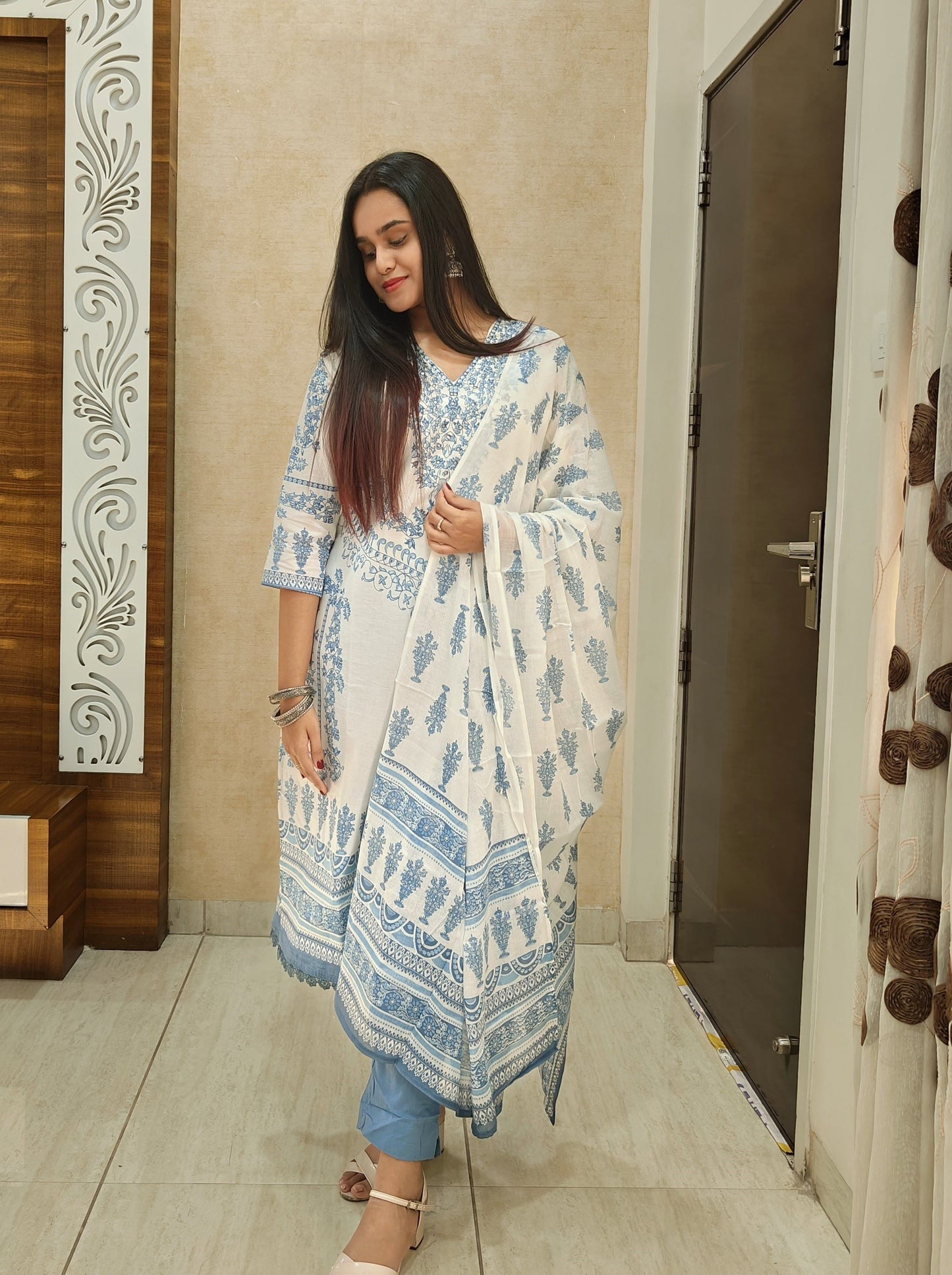 Elegant Blue Handblock Printed Cotton Suit Set