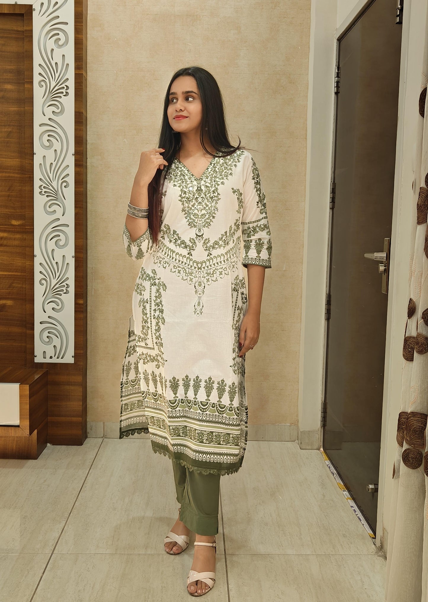 Elegant Green Handblock Printed Cotton Suit Set