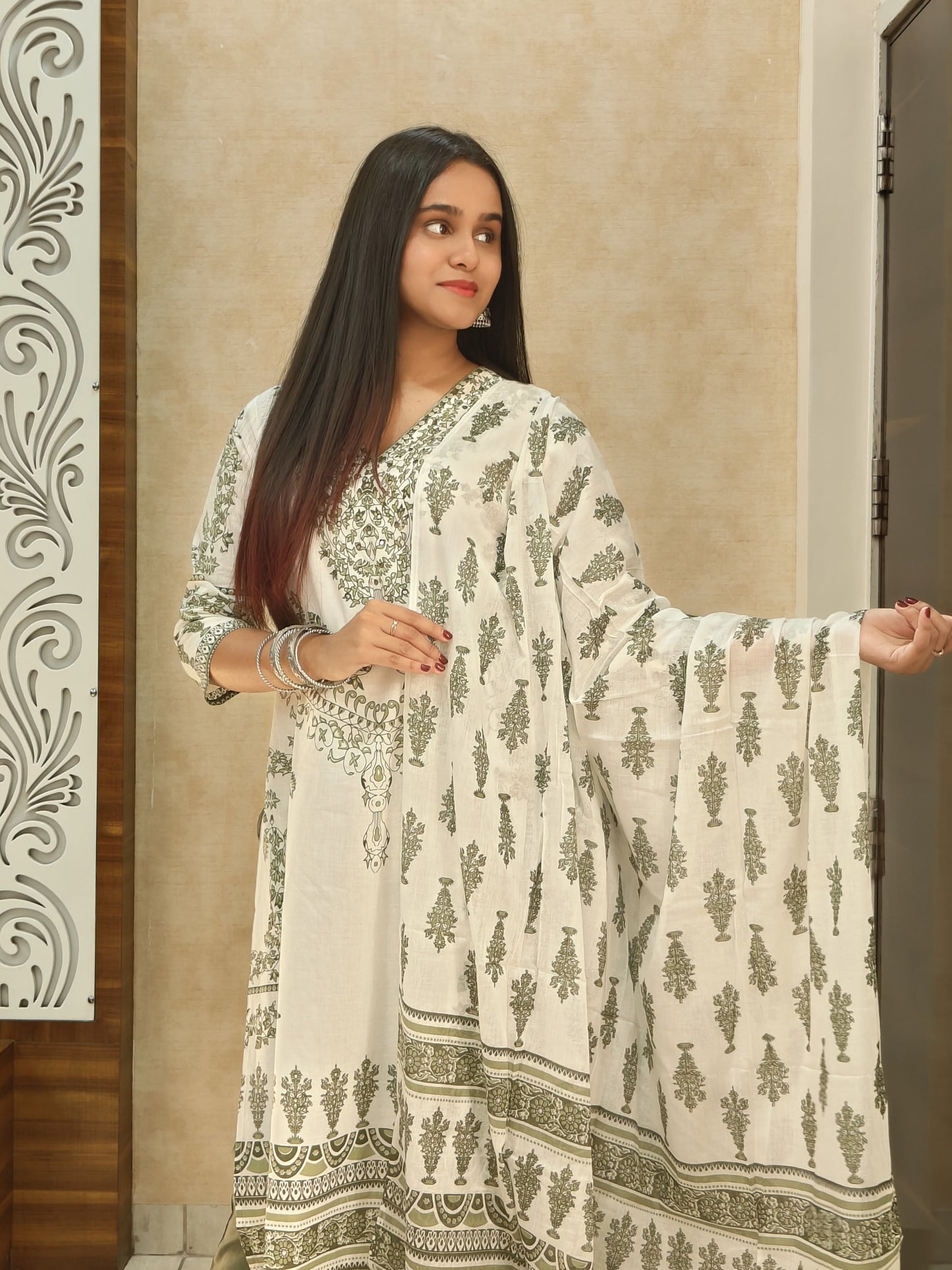 Elegant Green Handblock Printed Cotton Suit Set