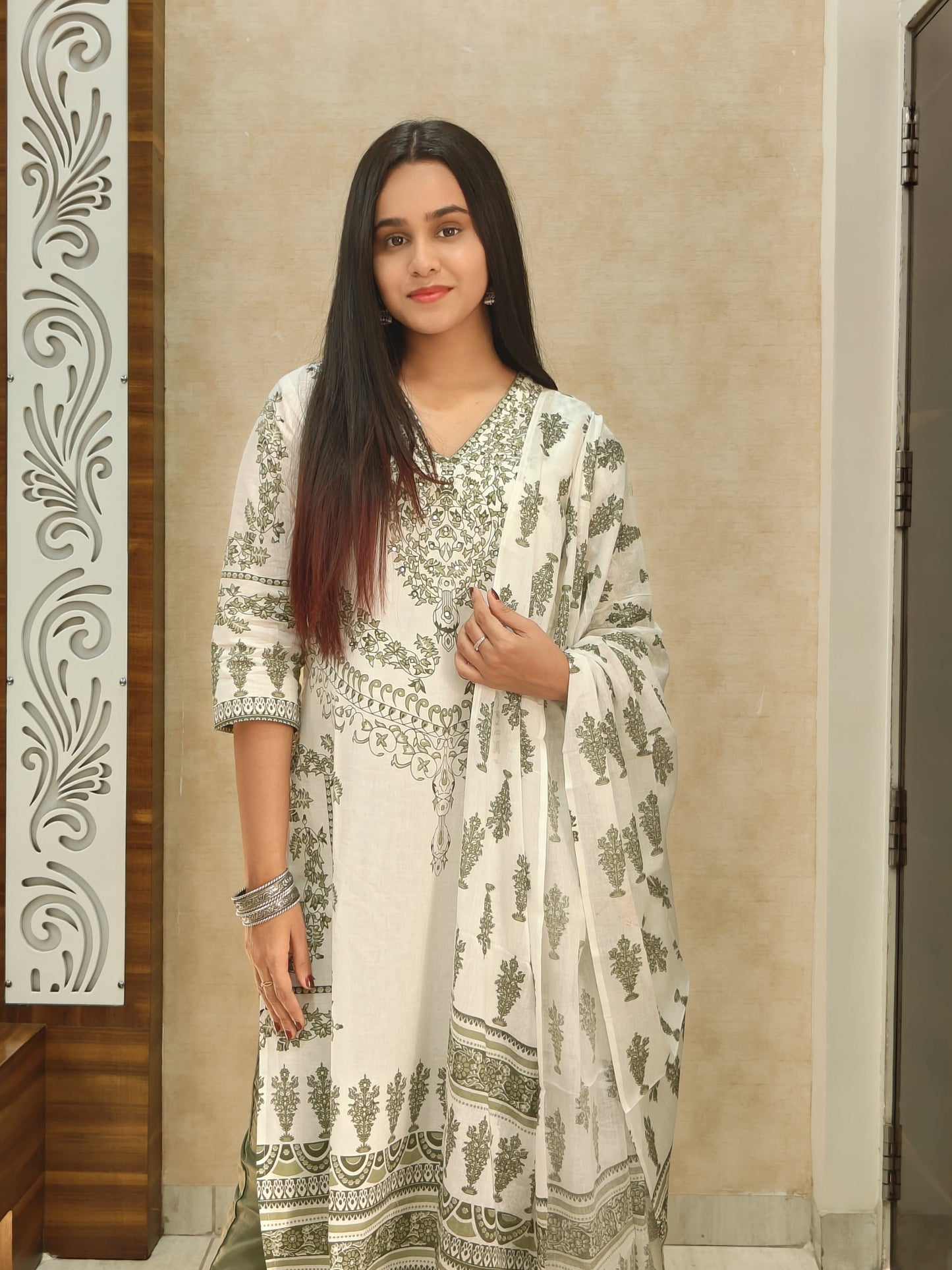Elegant Green Handblock Printed Cotton Suit Set