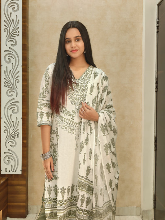 Elegant Green Handblock Printed Cotton Suit Set