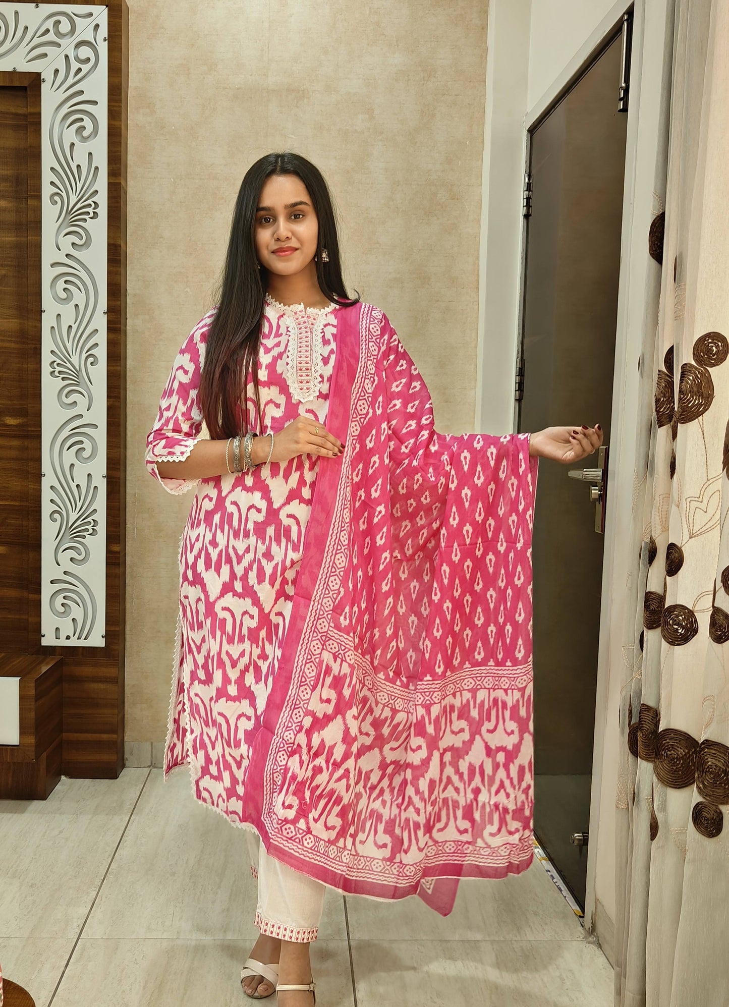 Pink & White Ikat Cotton Kurta Set with Dupatta