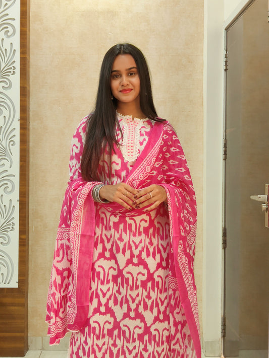 Pink & White Ikat Cotton Kurta Set with Dupatta